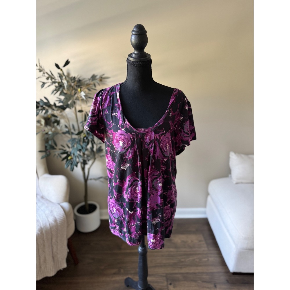A New Approach ana Purple Black Floral Scoop Neck Pleated Front Blouse Large